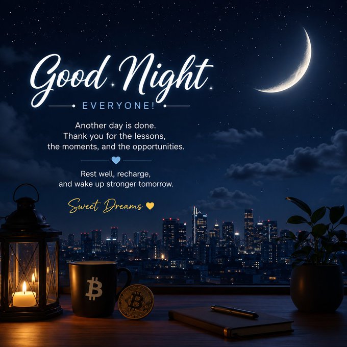 A 'Good Night EVERYONE!' graphic features a nighttime cityscape, a crescent moon, a candle lantern, a Bitcoin mug, and a Bitcoin coin, with text reading 'Another day is done. Thank you for the lessons, the moments, and the opportunities. Rest well, recharge, and wake up stronger tomorrow. Sweet Dreams'.