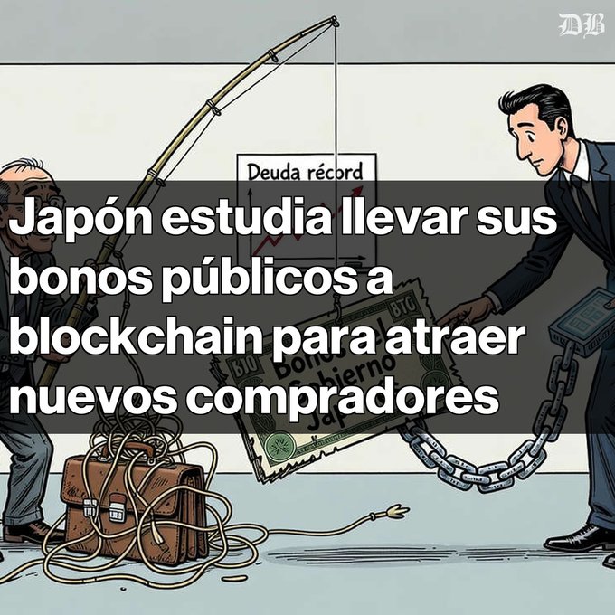 A cartoon illustration with Spanish text reading 'Japón estudia llevar sus bonos públicos a blockchain para atraer nuevos compradores' (Japan studies moving its public bonds to blockchain to attract new buyers), showing a fisherman on the left catching a 'Bono Gobierno' ticket, while a businessman on the right holds a padlock on a chain, with a 'Deuda récord' sign in the background.