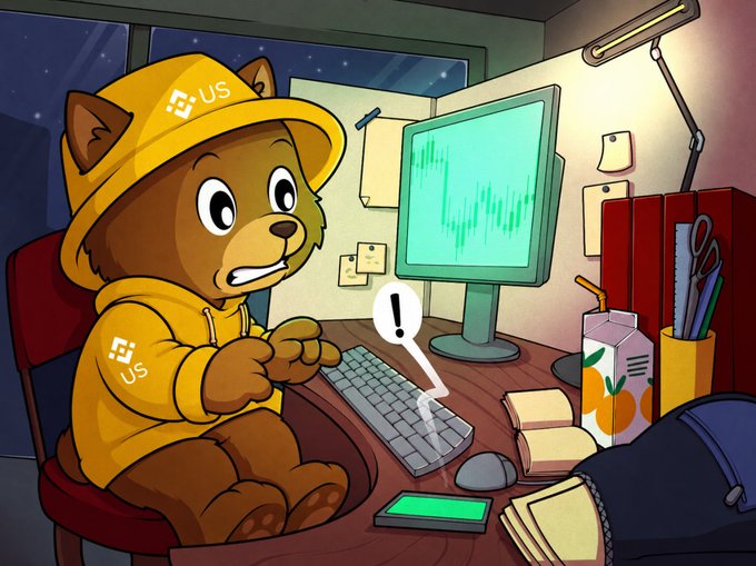 The image features a cartoon dog wearing a yellow shirt, sitting at a desk with a computer, keyboard, and mouse. The caption below the image includes some text from social media promoting Bitcoin, specifically mentioning a character named @BinanceUS who is coming to BinanceUS to distribute Bitcoins. The overall mood of the image suggests an exciting new development in the world of cryptocurrency.