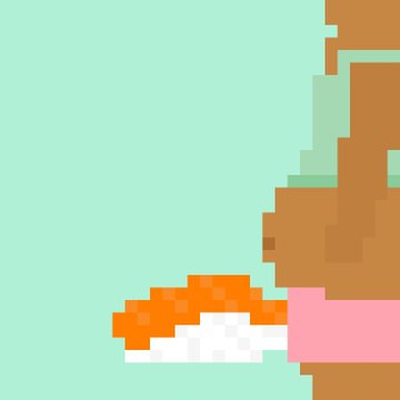 Pixel art image of an orange and white cat head with a pink nose on a mint green background.