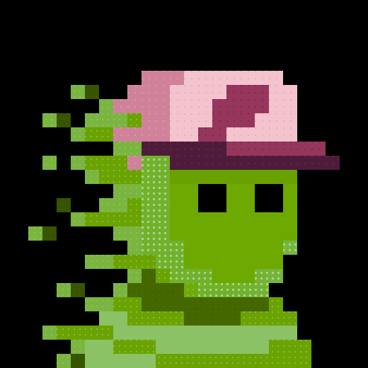 A pixel art illustration of a green character with hollow black eyes wearing a pink hat, appearing to dissolve or trail green pixels on its left side against a black background.
