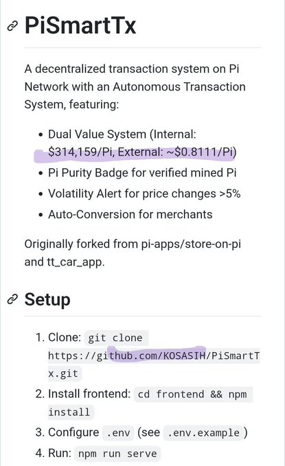 The image shows a GitHub README for "PiSmartTx," a decentralized transaction system on Pi Network featuring a "Dual Value System" with an internal value of $314,159/Pi and external value of ~$0.8111/Pi, along with setup instructions for cloning and running the project. The caption highlights how the $314,159 figure is "quietly embedded" in the repository, supporting the post's argument that developers are strategically inserting symbolic numbers tied to Pi's aspirational $314,159 valuation without making direct promises.