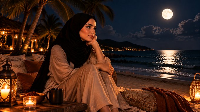 A woman wearing a hijab sits by candlelit lanterns on a beach at night, gazing thoughtfully under a full moon over the ocean.