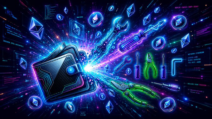 A vibrant digital illustration featuring a crypto wallet surrounded by tools, Ethereum logos, and glowing neon elements on a dark background.
