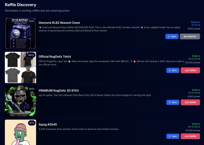 A 'Raffle Discovery' webpage listing various raffles including 'Diamond RLBZ Reward Chest', 'Official RugDolz Tshirt', 'PREMIUM RugDolz 3D 8743', and 'Squig #2045' with join buttons.