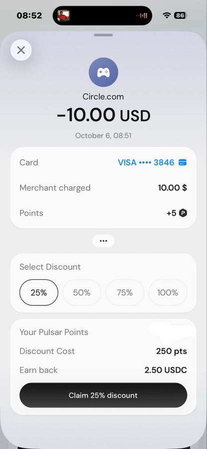 A mobile app screen showing a -10.00 USD transaction notification from Circle.com on a Visa card ending in 3846, with options to claim a discount using points.