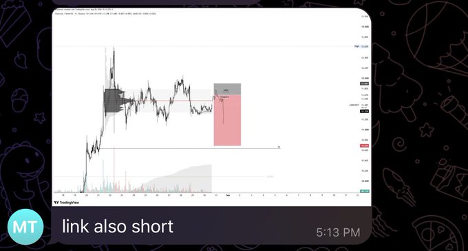 A stock chart on TradingView displays price action with a red shaded zone, sent via a message reading 'link also short' at 5:13 PM.