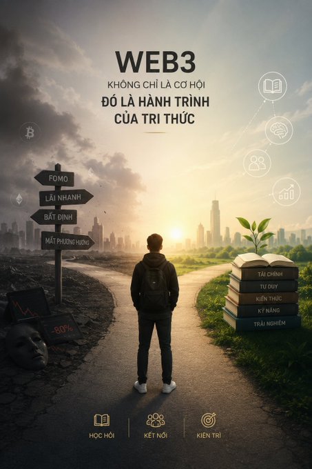 A Vietnamese motivational graphic titled 'WEB3 KHÔNG CHỈ LÀ CƠ HỘI ĐÓ LÀ HÀNH TRÌNH CỦA TRI THỨC' shows a person standing at a crossroads, with warning signs labeled FOMO, LẢI NHANH, BẤT ĐỊNH, and MẤT PHƯƠNG HƯỚNG on one side, and a stack of books labeled TÀI CHÍNH, TƯ DUY, KIẾN THỨC, KỸ NĂNG, TRẢI NGHIỆM on the other.