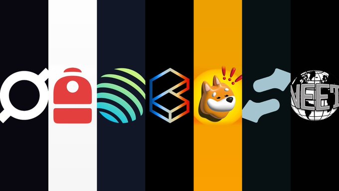 Seven cryptocurrency logos are displayed side by side against colored vertical backgrounds, including recognizable tokens and coins in a collage format.