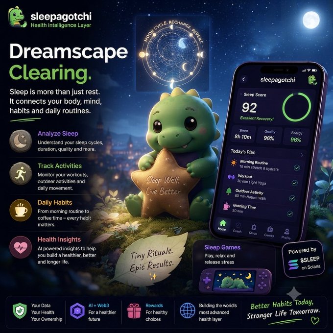 A promotional graphic for the **Sleepagotchi Health Intelligence Layer** features a green dragon mascot holding a star that reads "Sleep Well, Live Better," alongside a smartphone app interface displaying a Sleep Score of 92, 8h 10m sleep, 96% quality, 96% energy, and a daily plan. The visual reinforces the post's message that sleep impacts far more than just morning rest, tying it to focus, recovery, energy, and daily habits—aligning with the app's AI-powered tracking and insights.