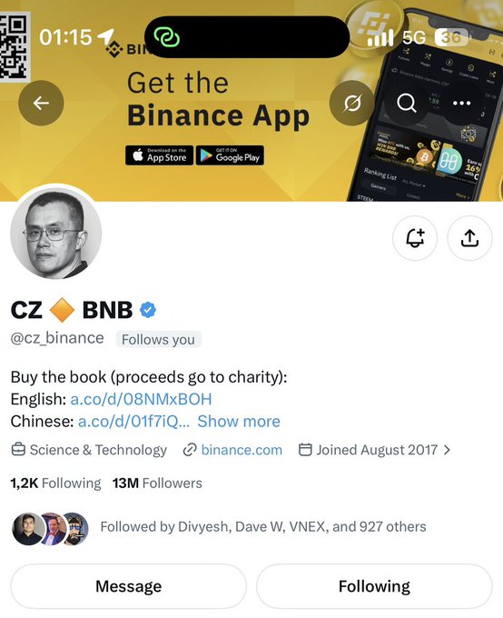 A screenshot of CZ's verified X (Twitter) profile (@cz_binance), displaying 13M followers and a pinned post promoting his book with links in English and Chinese.
