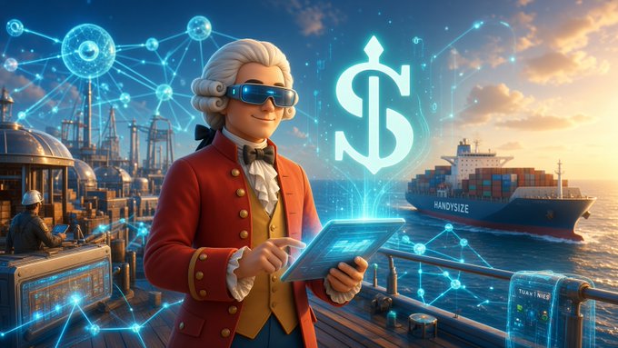 A digital illustration of a smiling man in 18th-century powdered wig attire and futuristic sunglasses, holding a tablet displaying data, with a large glowing dollar sign, a cargo ship labeled 'HANDYSIZE', and blockchain network graphics in the background.