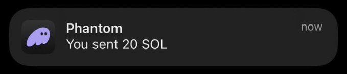 A smartphone notification from the Phantom crypto wallet displays the message "Phantom: You sent 20 SOL" with the app's purple ghost icon, timestamped "now." The image humorously visualizes the post's hypothetical scenario by showing what a real transaction confirmation for sending 20 SOL would look like.
