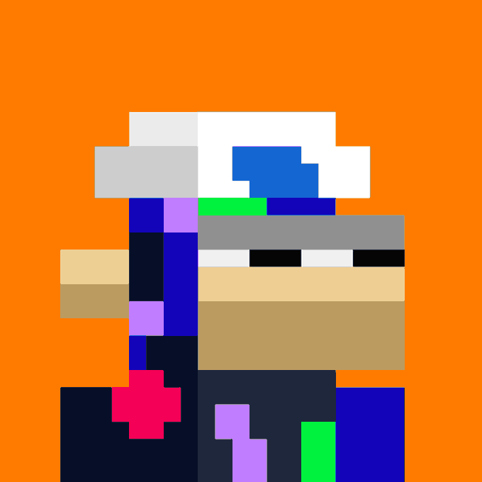 Pixel art illustration of a figure with a white top hat featuring a blue heart, wearing a black jacket with a pink plus sign on a bright orange background.