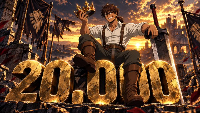 Anime-style artwork of a crowned warrior holding a golden crown and a large sword, sitting atop a giant '20.00' inscription against a sunset backdrop with castle and banners.