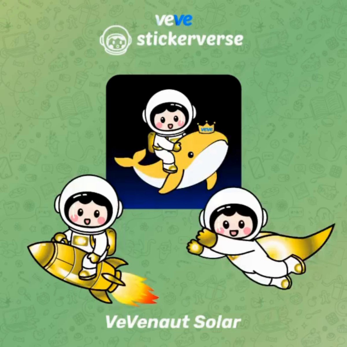 The image features a cartoon illustration of three different characters, each wearing an astronaut suit and riding a rocket ship or flying through space. The first character is depicted as a boy with a crown, while the other two are shown as girls. They all appear to be in various stages of motion, such as flying or floating, giving the impression that they are exploring the universe together.

The post also mentions that Vevenaut Solar will be available for purchase at three different rarity tiers: Orbit - Original Edition (Common), Lunar - Silver Edition (Rare), and Solar - Gold Edition (Secret Rare). This suggests that collectors can choose from a range of options to find the most unique or valuable piece in the Stickerverse universe.