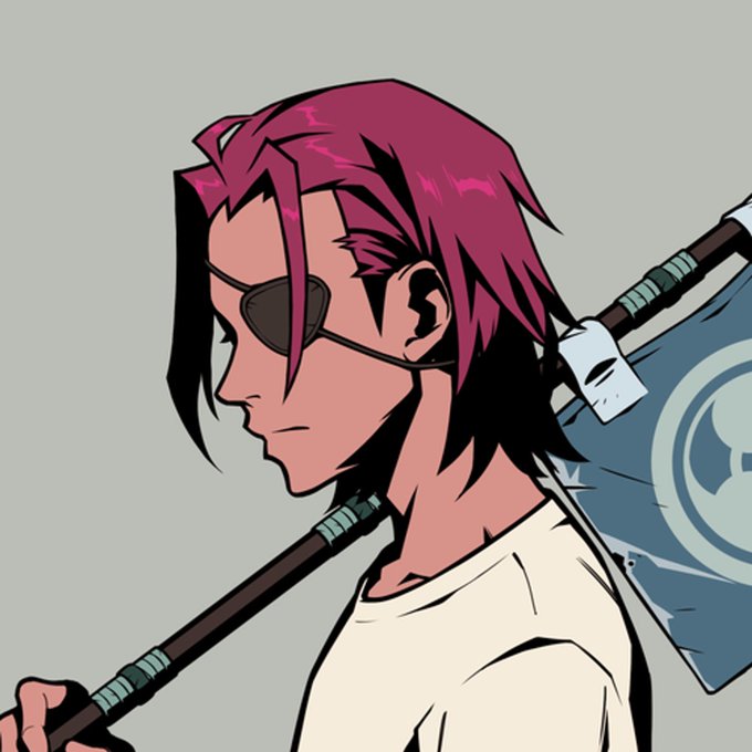 An anime-style illustration of a character with magenta hair, an eyepatch over their left eye, wearing a white shirt and carrying a flag with a skull design on a staff over their shoulder.