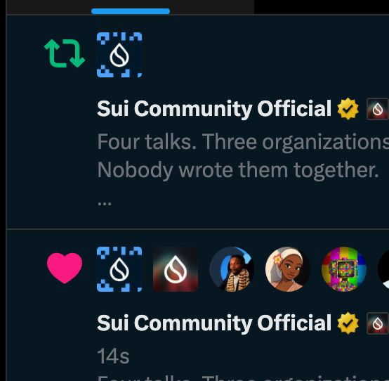 Social media posts from 'Sui Community Official' account reading 'Four talks. Three organizations. Nobody wrote them together.' shown in a dark-themed interface.