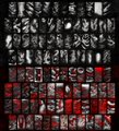 A grid-style 3D gallery showcasing a digital art collection, with each tile displaying small figures and red-accented items against a dark background. The image illustrates the creator's "old custom 3D gallery" built on OnCyber, highlighting one piece they have collected so far.