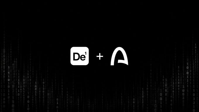 A black screen displaying the white logos for 'De¹' and an 'A' symbol separated by a plus sign against a backdrop of faint binary code.