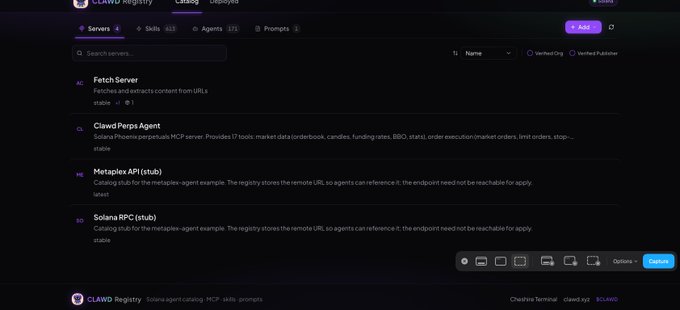 The image shows the CLAWD Registry interface, a catalog displaying AI agents including Fetch Server, Clawed Perps Agent, Metaplex API (stub), and Solana RPC (stub), all labeled as "stable." This relates to the post by showcasing the new Cheshire Terminal Agent Registry launched by one developer powered by $CLAWD, with the "Add" button visible for users to install agents like the Clawed Perps Agent that provides Solana data (orderbook, candles, funding rates, BBOs) for the MCP server.