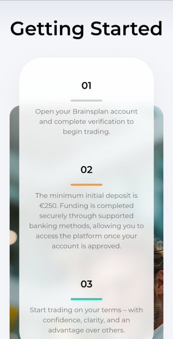 A 'Getting Started' onboarding screen with three numbered steps for opening a Brainsplan trading account, noting a €250 minimum initial deposit.