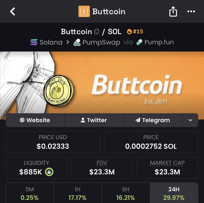 A cryptocurrency tracking app displays 'Buttcoin' on the Solana/PumpSwap via Pump.fun network, ranked #15, with a price of $0.02333 USD (0.0002752 SOL), $885K liquidity, $23.3M market cap, and showing a 29.97% gain over 24 hours.