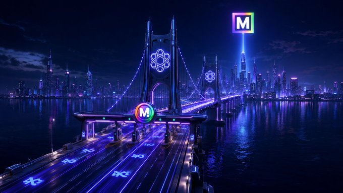 The image features an aerial view of a bridge with neon lights, surrounded by a cityscape under a dark sky. The bridge spans across a body of water, connecting two parts of the city. In the foreground, there are three distinct elements that contribute to the overall scene: a tunnel on one side of the bridge, a road filled with cars and trucks, and a large sign displaying "M" in blue letters. The image also includes text that reads "focus on what is in the image and how it relates to the post."