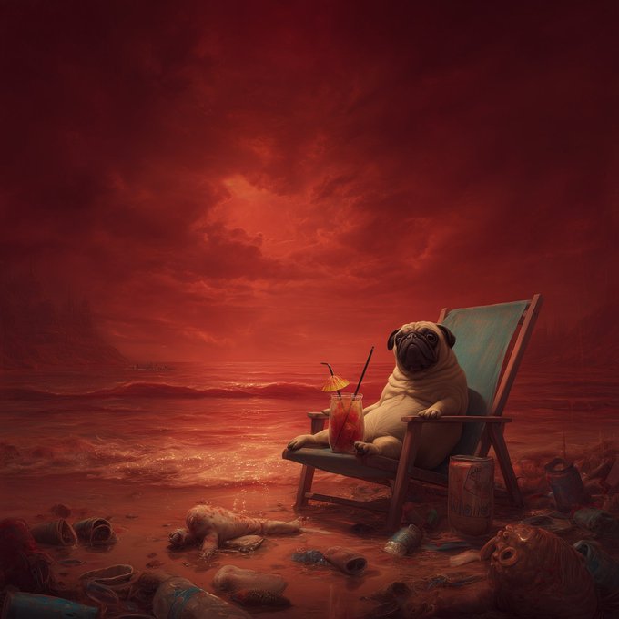 A pug sits in a beach chair holding a cocktail under a dramatic red sky, surrounded by trash on a polluted shoreline.