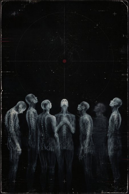 Translucent, skeletal human figures stand in a semi-circle beneath a celestial crosshair marking a distant red star, their upturned faces and outstretched hands suggesting reverence or anticipation of an otherworldly presence. The image visually embodies the post's theme of storytelling through a single frame, capturing an eerie, silent encounter between fragile bodies and the vast, watchful cosmos.