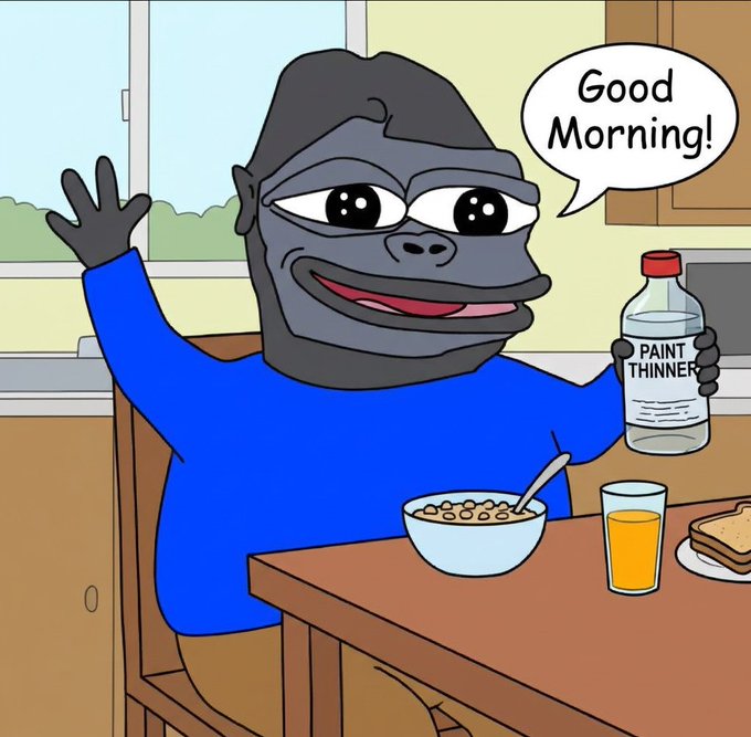 A cartoon ape character waves cheerfully and says "Good Morning!" while enjoying a bowl of cereal, toast, and orange juice at a breakfast table, but ominously holds up a bottle labeled "PAINT THINNER" alongside his morning meal.

The image's juxtaposition of a friendly "Good Morning" greeting with paint thinner humorously mirrors the post's sarcastic tone warning crypto "ape" communities to be wary of seemingly welcoming people in the space who may actually be harmful.