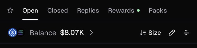 A dark interface shows navigation tabs labeled “Open,” “Closed,” “Replies,” “Rewards” with a green dot, and “Packs,” along with a balance of “$8.07K.” It appears to be a screenshot illustrating a giveaway balance, though the displayed amount does not match the post’s stated remaining “$7,200.”