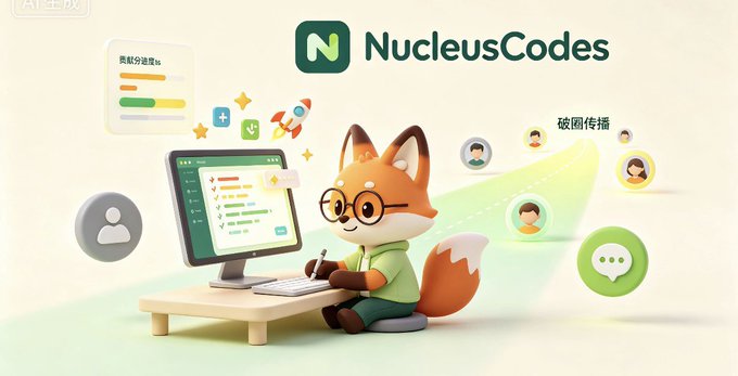 A 3D illustration of a cartoon fox character working at a computer with the "NucleusCodes" logo, surrounded by floating UI elements including charts, user avatars, and chat bubbles, with Chinese text "被图传播".