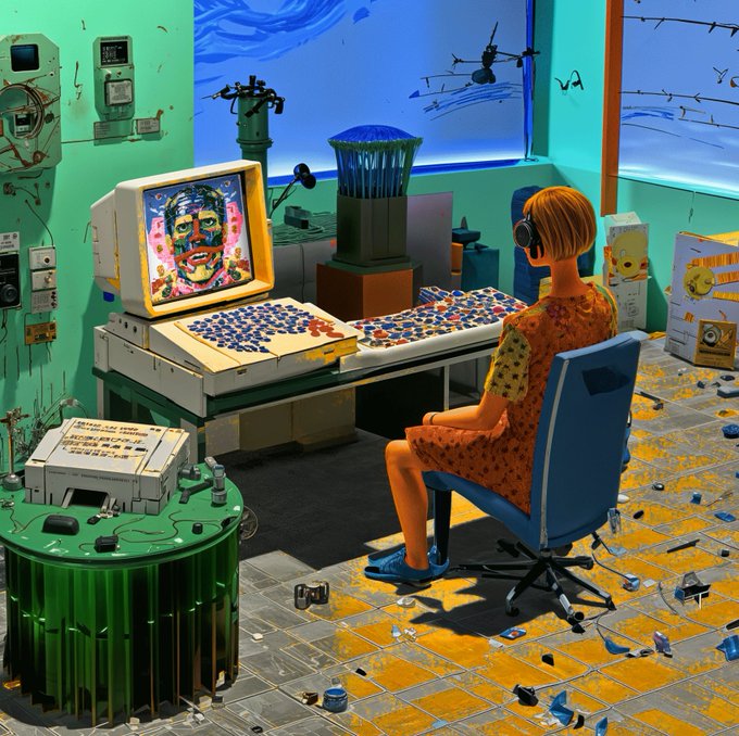 A digital illustration of a person with orange hair and headphones sitting at a computer with a colorful, glitchy face on the monitor, in a messy room with a tiled floor and debris.