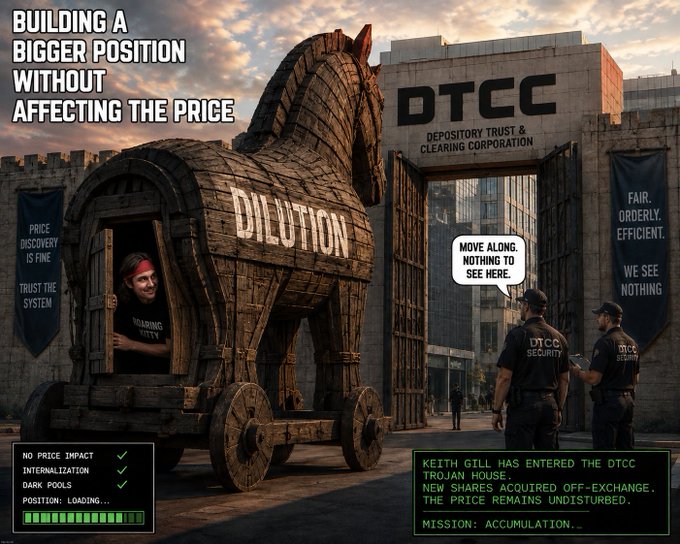The image depicts a Trojan horse labeled "DILUTION" approaching the DTCC (Depository Trust & Clearing Corporation), guarded by security, with text referencing Keith Gill acquiring new GME shares off-exchange without affecting the price. The caption satirizes the post's implication that Ryan Cohen may have been quietly accumulating a massive $GME position off-exchange through the DTCC before any market impact was visible, framing the accumulation as a stealthy "Trojan horse" move.