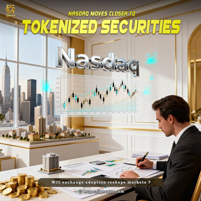The image shows a businessman in a suit working at a desk with financial charts and coins, with a "Nasdaq" logo and cityscape backdrop, accompanied by the headline "NASDAQ MOVES CLOSER TO TOKENIZED SECURITIES" and the caption "Will exchange adoption reshape markets?" The visual reinforces the post's theme of Nasdaq advancing into tokenized securities, depicting traditional finance transitioning into digital asset markets.