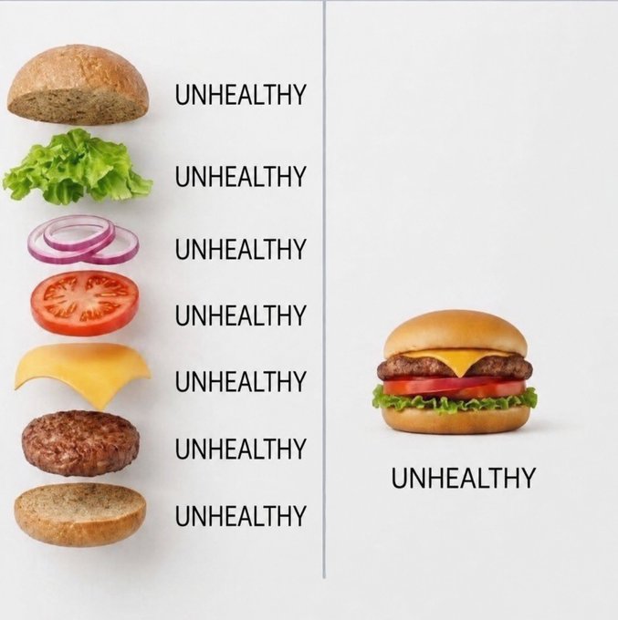 A meme showing individual burger ingredients (bun, lettuce, onion, tomato, cheese, patty, bottom bun) each labeled 'UNHEALTHY', with the assembled burger also labeled 'UNHEALTHY'.