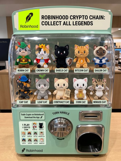 A green capsule machine branded 'ROBINHOOD CRYPTO CHAIN: COLLECT ALL LEGENDS' containing 10 cat figurines labeled with crypto terms like ROBIN CAT, CROWN CAT, BITCOIN CAT, and COIN CAT.