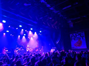 A concert scene bathed in blue lighting, showing a band performing on stage with an 'APE FEST' sign visible, while a crowd of silhouetted audience members watches.