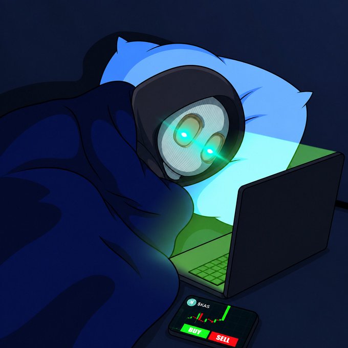 A cloaked hacker with a glowing-eyed mask works on a laptop next to a phone displaying "SKAS" crypto trading charts with BUY/SELL buttons. The image illustrates the post's endorsement of $KAS by depicting a secretive figure actively trading the asset.