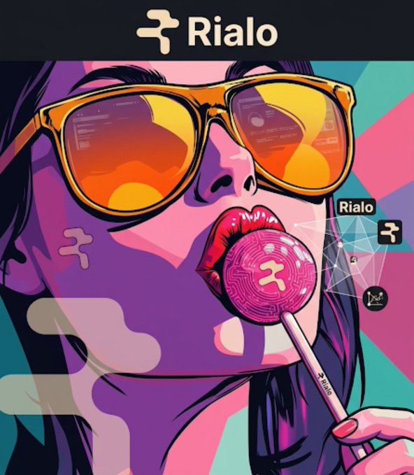 Colorful pop-art style illustration of a woman wearing large yellow sunglasses and licking a pink lollipop with the 'Rialo' logo on it, with the Rialo brand name displayed at the top.
