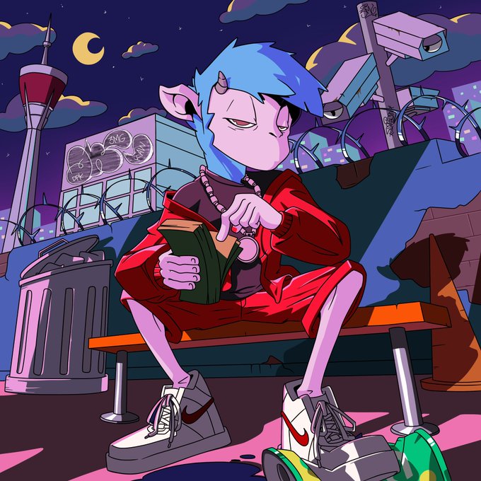 A blue-haired, horned cartoon demon sits on a bench at night, casually counting cash in a gritty urban setting. The artwork is presented as the creator’s “Art Renaissance on Solana” entry for @GoatsOfSolana, tagged “GOATS,” with “Made by me, no AI 100%” claiming originality.