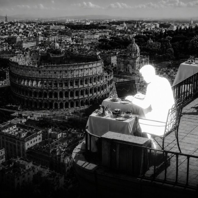 A black-and-white image of a glowing, ghostly figure sitting at a table with a laptop overlooking the Colosseum in Rome.