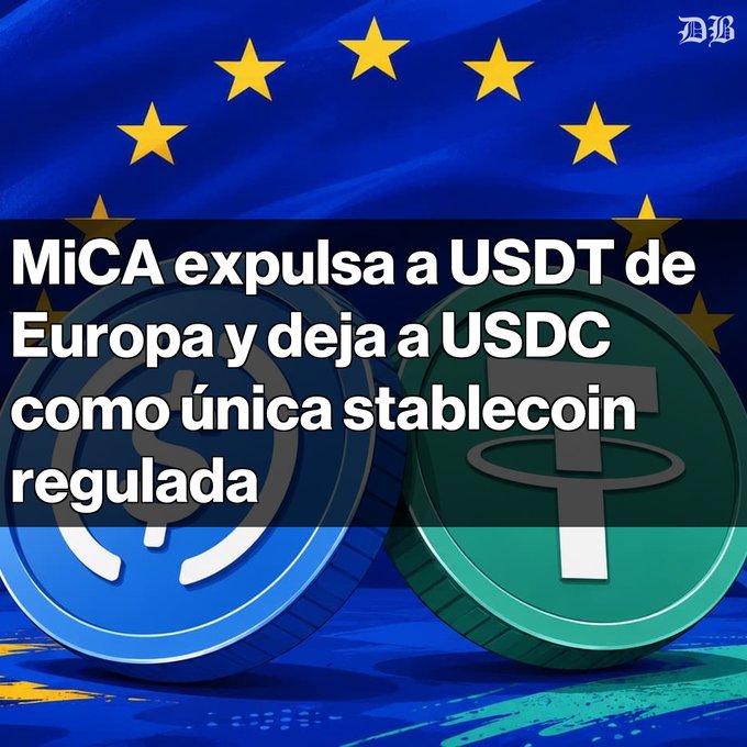 A graphic with EU flag background and USDC/USDT coins, featuring Spanish text: 'MiCA expulsa a USDT de Europa y deja a USDC como única stablecoin regulada'.