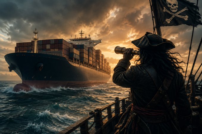 A digital artwork depicting a pirate in a tricorn hat looking through a spyglass from a wooden ship at a large modern container ship on a stormy sea at sunset.