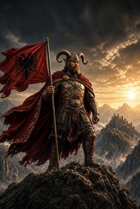 A fantasy illustration of an armored warrior wearing a horned helmet and red cape, holding a staff with a red flag bearing a black double-headed eagle, standing on a rocky peak at sunset with a distant castle.