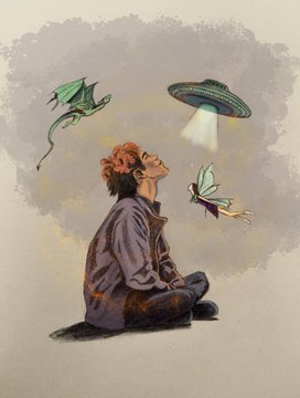 A whimsical illustration of a person with curly red hair sitting cross-legged, looking up in wonder at two small dragons and a hovering UFO.