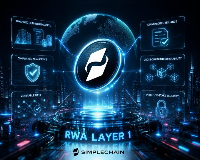 A promotional graphic for 'SimpleChain' RWA Layer 1, highlighting features like Tokenized Real World Assets, Compliance-as-a-Service, Verifiable Data, Standardized Issuance, Cross-Chain Interoperability, and Proof-of-Stake Security.