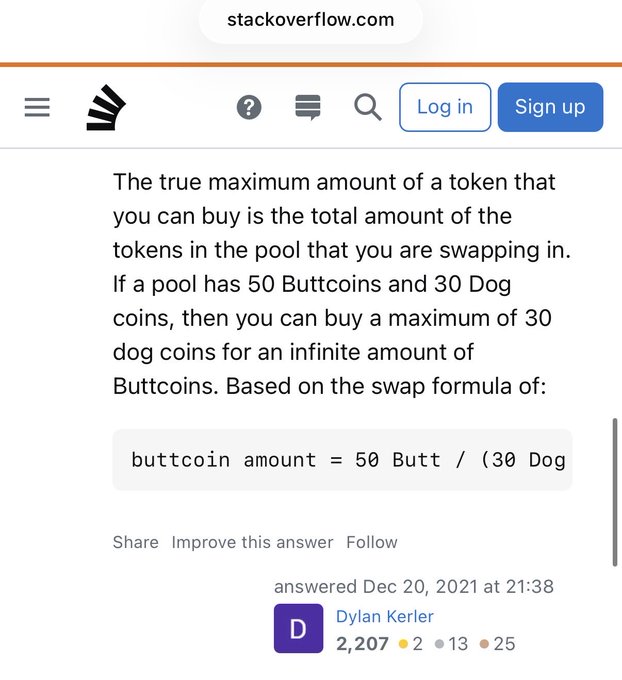 A Stack Overflow answer by Dylan Kerler explaining cryptocurrency token swap formulas, using a humorous example with "Buttcoins" and "Dog coins" in a liquidity pool.