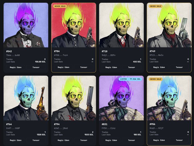 A grid of eight NFT character cards featuring skull-faced figures with colorful flaming hair, holding weapons, with various IDs (#542, #704, #710, #749, #764, #794, #831, #956), last sale prices in SOL, and tags like 'NEVER SOLD' or 'LISTED'.